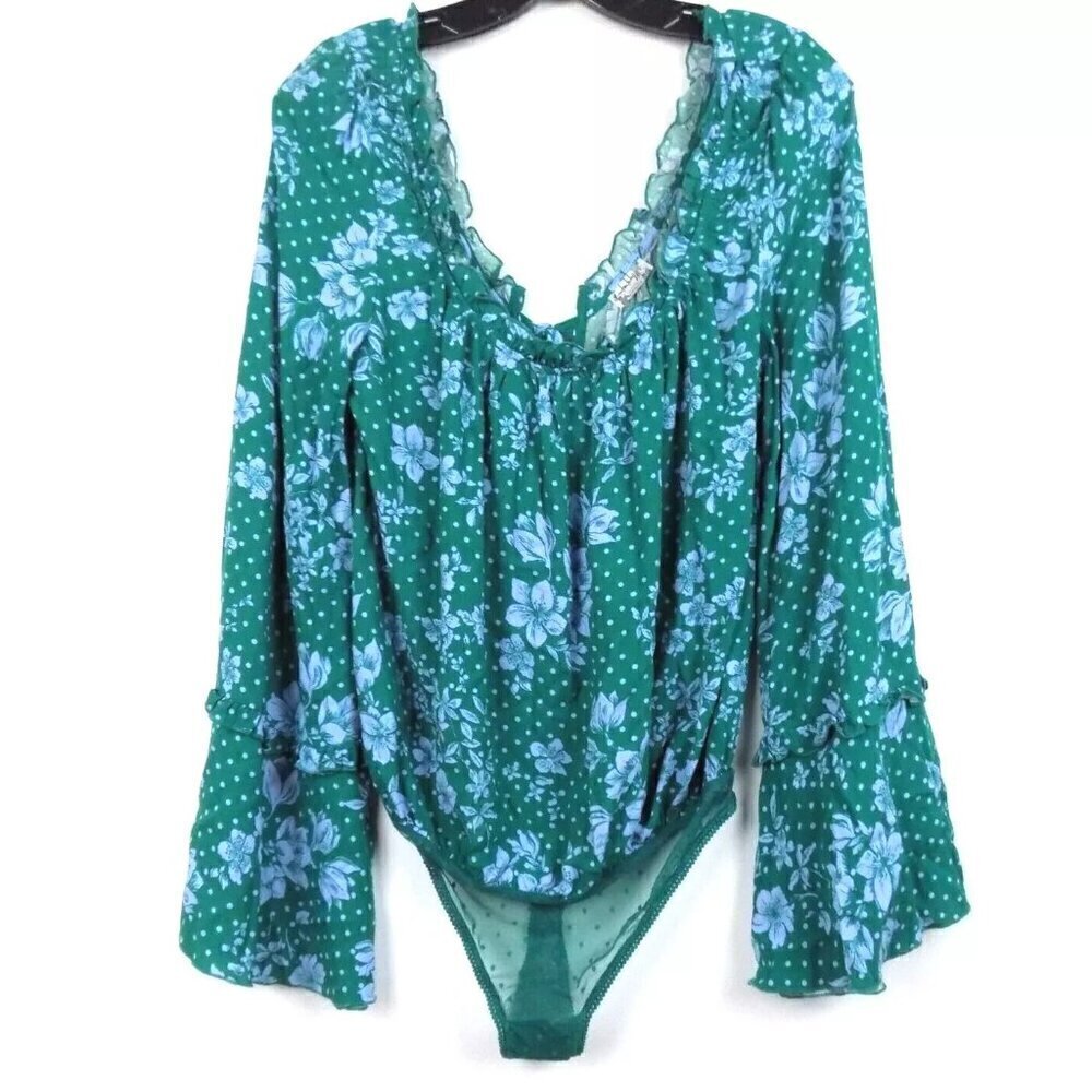Free People Bodysuit Green Floral Print One on One Date Size S Boho Ruffles
